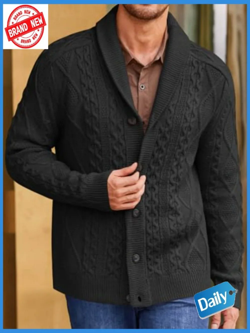 Shawl Collar Cardigan Cable Knitted Men's Fall Winter Chunky Buttons - Picture 2 of 7
